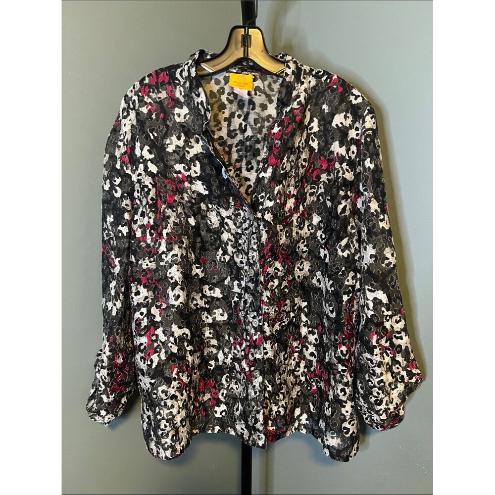 Ruby Rd. Black, White & Red Leopard-Print Button Front Blouse - Picture 1 of 5